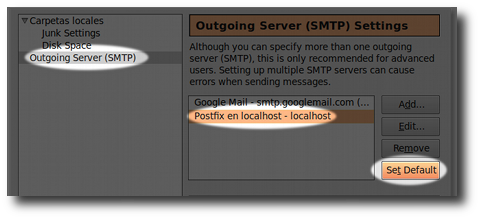 establecer el servidor smtp de correo saliente por defecto