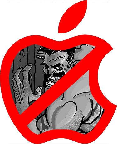A red outline of an Apple with a red slash through the interior over the cover the App Store comic Murderdrome